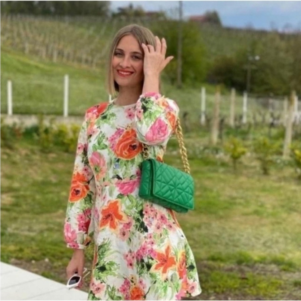 ZARA The Naya Cut Out Back Floral Print Mini Dress pink orange small Long Sleeve
